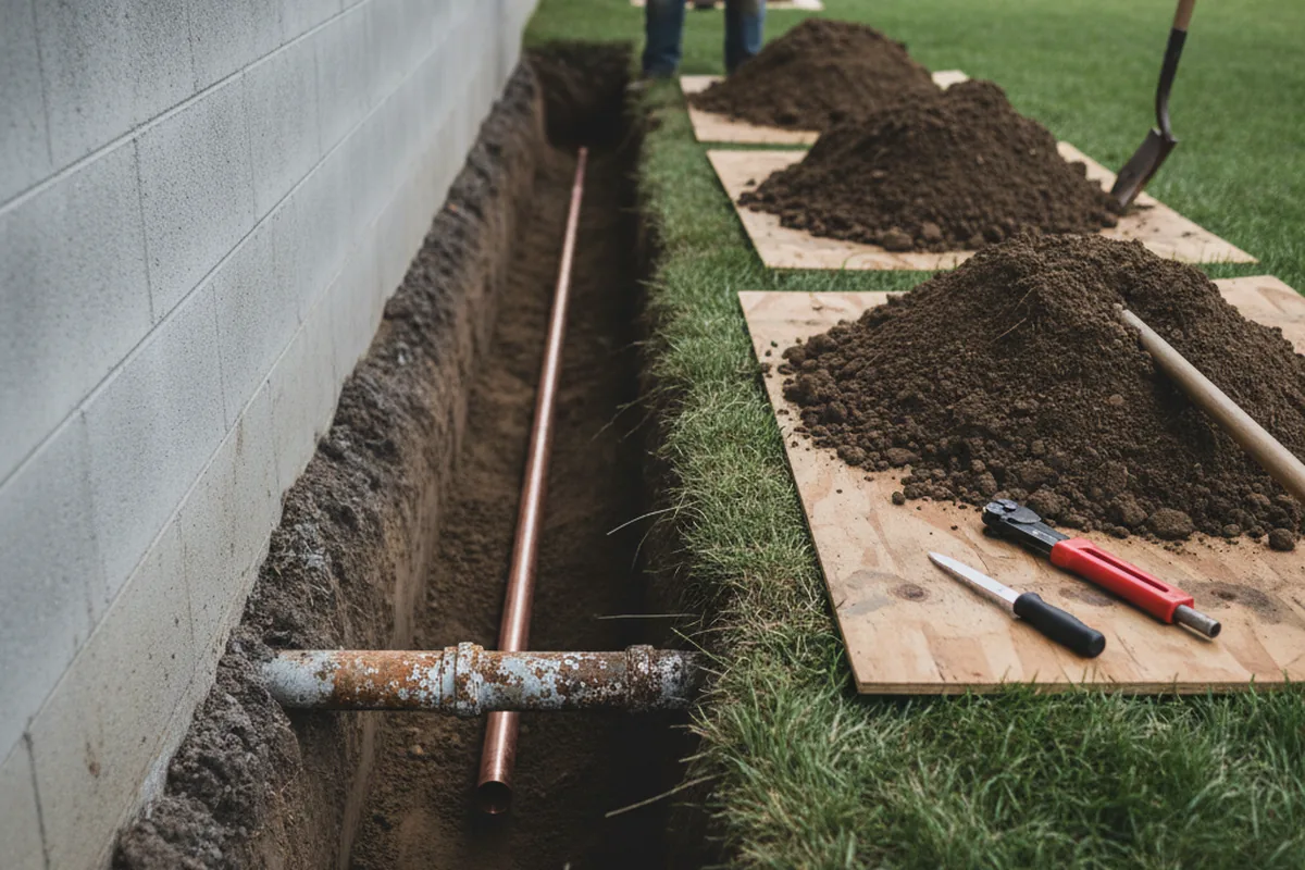 Excavated water line trench during Sewer Line Repair in Jurupa Valley
